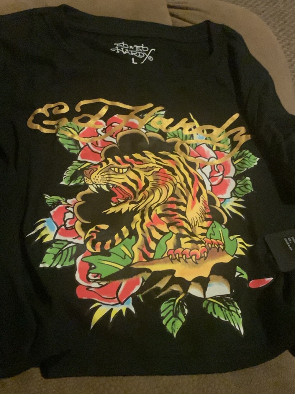 Ed Hardy Black Crop Top with Yellow Tiger and Multicolor Floral Graphic